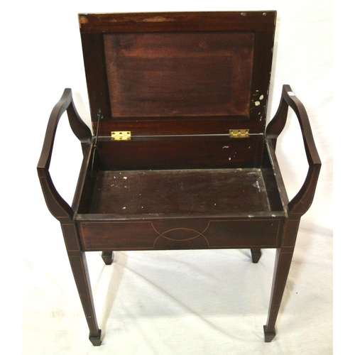 69 - Edwardian mahogany piano stool with upholstered lift-up lid, shaped arms, on inlaid tapering legs