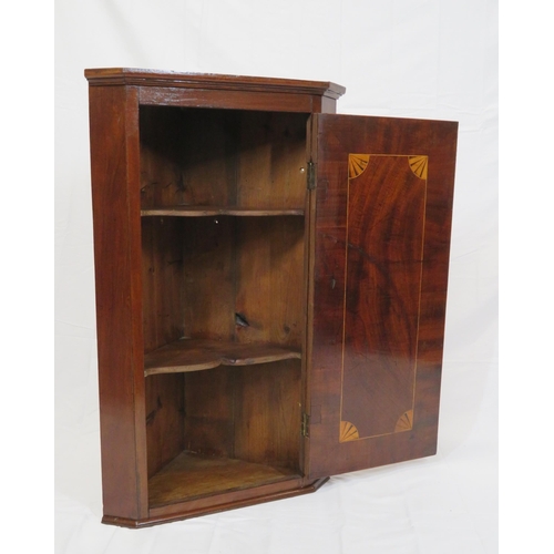 71 - Edwardian walnut and satinwood corner wall cabinet with oval and string inlay, shelved interior