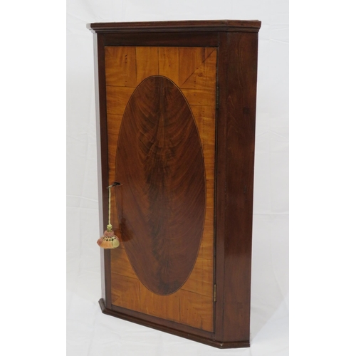 71 - Edwardian walnut and satinwood corner wall cabinet with oval and string inlay, shelved interior