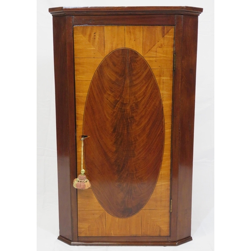 71 - Edwardian walnut and satinwood corner wall cabinet with oval and string inlay, shelved interior