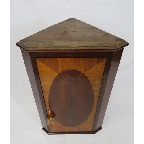 71 - Edwardian walnut and satinwood corner wall cabinet with oval and string inlay, shelved interior