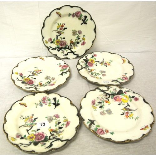 73 - Set of four Hancocks Mandarin ware bird and foliate decorated plates with wavy borders