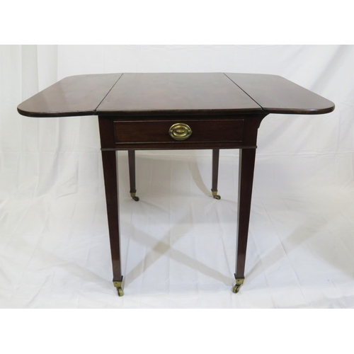 74 - Edwardian mahogany Pembroke table with drop leaves, rounded borders, frieze drawer with brass drop h... 