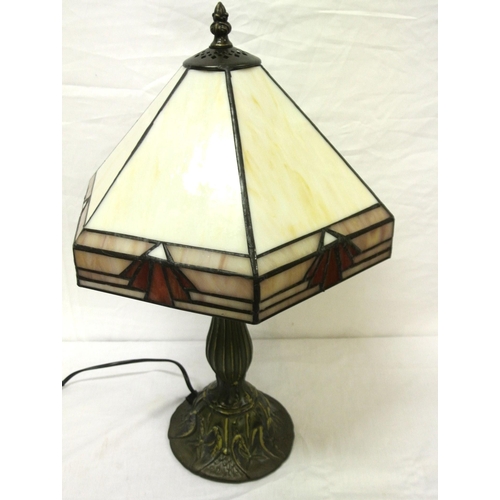 77 - Art Deco style electric table lamp with shaped panelled shade, baluster column and round base