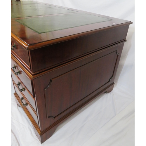 85 - Edwardian mahogany office or partners pedestal desk with leatherette inset, three frieze drawers, si... 