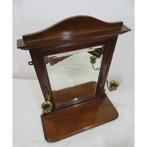 87 - Edwardian mahogany bevelled glass shaving mirror with brass candle sconces