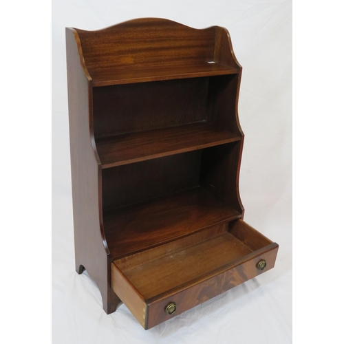 9 - Edwardian style mahogany waterfall bookshelf with frieze drawer, brass drop handles, on bracket feet