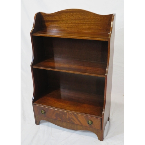 9 - Edwardian style mahogany waterfall bookshelf with frieze drawer, brass drop handles, on bracket feet