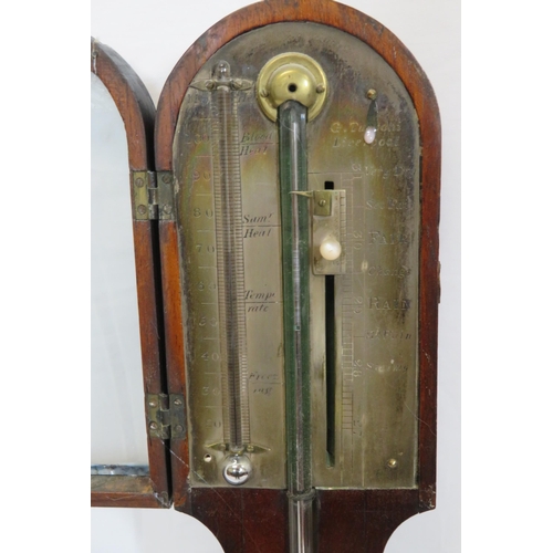 93 - Victorian inlaid mahogany Admiral Fitzroy stick barometer with domed glazed top, and ball shaped bas... 