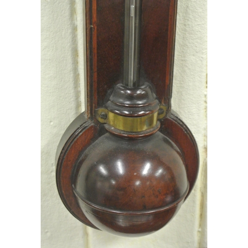 93 - Victorian inlaid mahogany Admiral Fitzroy stick barometer with domed glazed top, and ball shaped bas... 