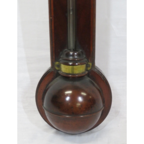 93 - Victorian inlaid mahogany Admiral Fitzroy stick barometer with domed glazed top, and ball shaped bas... 