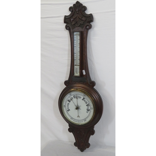 94 - Victorian oak aneroid wheel barometer with brass framed dial and thermometer