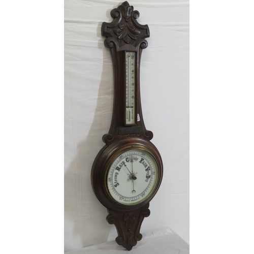 94 - Victorian oak aneroid wheel barometer with brass framed dial and thermometer