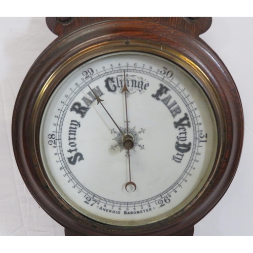 94 - Victorian oak aneroid wheel barometer with brass framed dial and thermometer