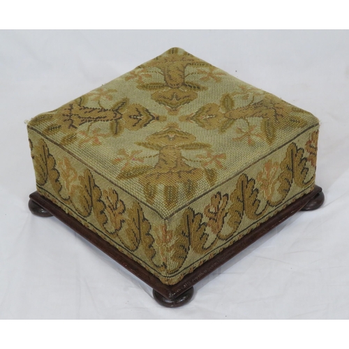 97 - Georgian mahogany square footstool with foliate beaded embroidery and bun feet