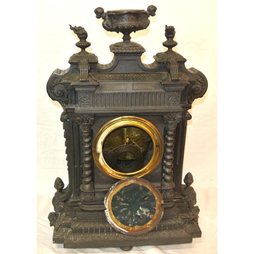 47 - Ornate cast metal mantle clock ornately decorated with vase finials, scrolls and foliage, ornate bra... 