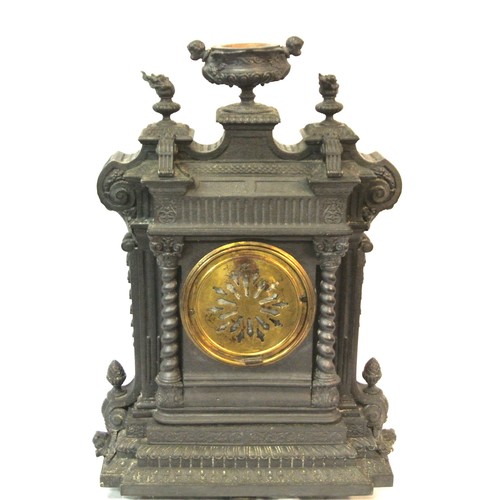 47 - Ornate cast metal mantle clock ornately decorated with vase finials, scrolls and foliage, ornate bra... 