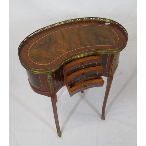 81 - Louis XV style kidney shaped occasional table with pierced brass gallery, three central drawers, orm... 