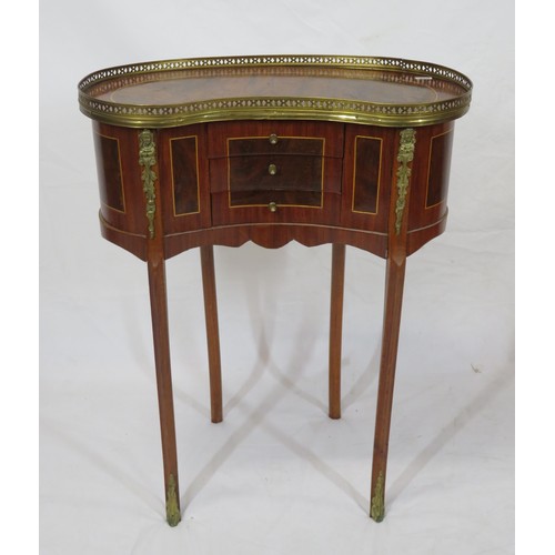 81 - Louis XV style kidney shaped occasional table with pierced brass gallery, three central drawers, orm... 