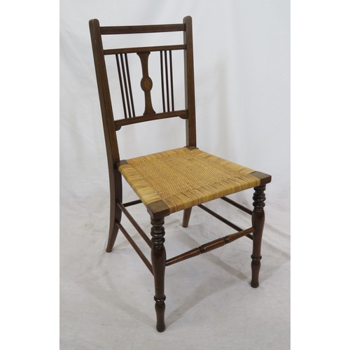 373 - Edwardian inlaid mahogany occasional or bedroom chair with railed back, wicker seat, turned legs wit... 