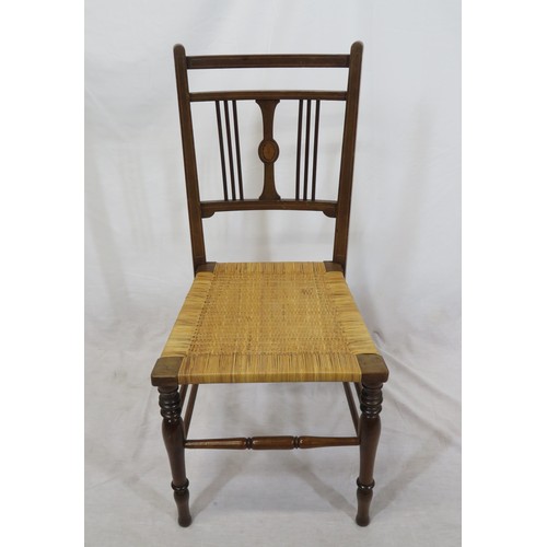 373 - Edwardian inlaid mahogany occasional or bedroom chair with railed back, wicker seat, turned legs wit... 