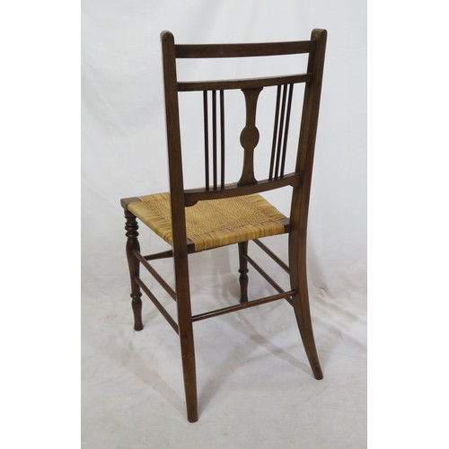 373 - Edwardian inlaid mahogany occasional or bedroom chair with railed back, wicker seat, turned legs wit... 