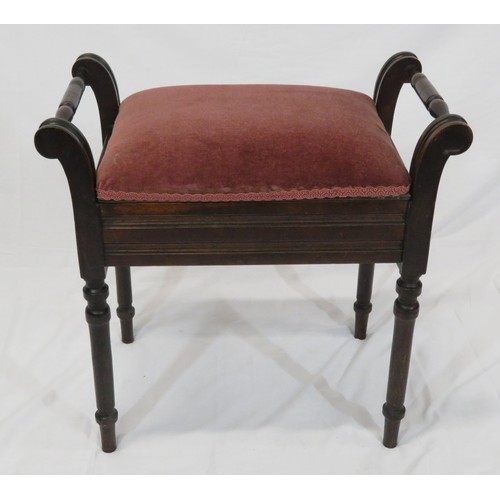 99 - Victorian piano stool with upholstered lift-up seat, turned rails and legs