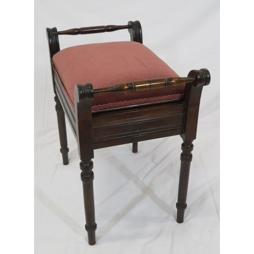 99 - Victorian piano stool with upholstered lift-up seat, turned rails and legs