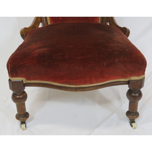 379 - Edwardian ladies chair with shaped back, on turned legs with casters