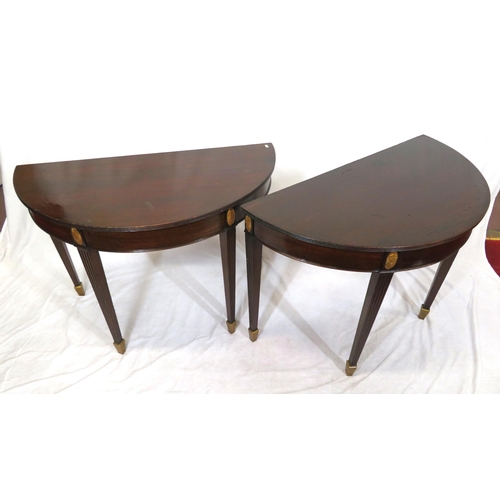 65 - Pair of Regency style demi lune side or alcove tables with reeded borders, oval plaques, on reeded t... 