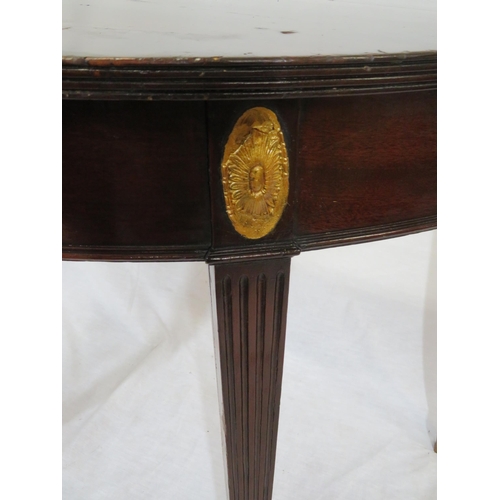 65 - Pair of Regency style demi lune side or alcove tables with reeded borders, oval plaques, on reeded t... 