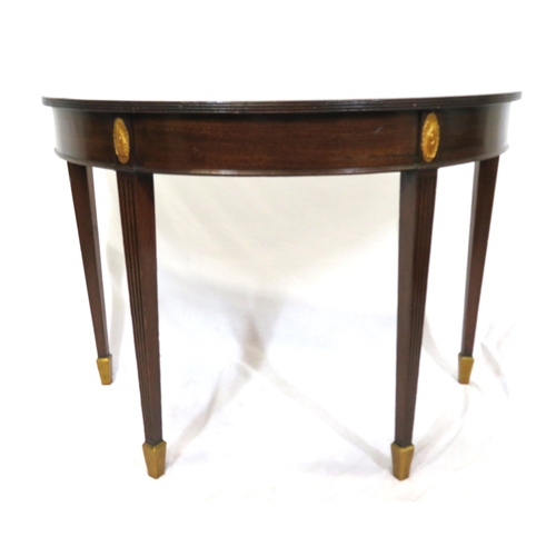 65 - Pair of Regency style demi lune side or alcove tables with reeded borders, oval plaques, on reeded t... 