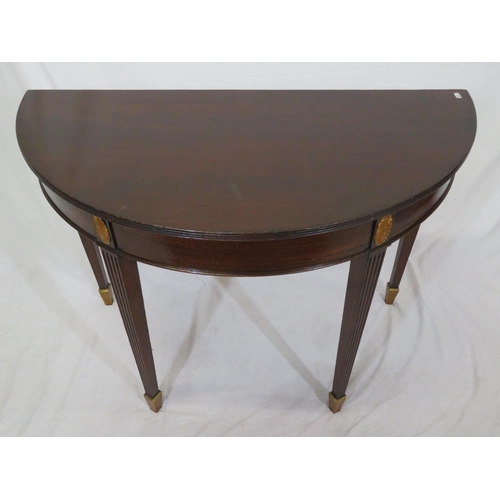 65 - Pair of Regency style demi lune side or alcove tables with reeded borders, oval plaques, on reeded t... 