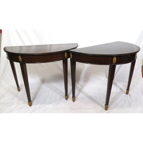 65 - Pair of Regency style demi lune side or alcove tables with reeded borders, oval plaques, on reeded t... 