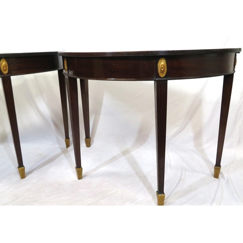 65 - Pair of Regency style demi lune side or alcove tables with reeded borders, oval plaques, on reeded t... 