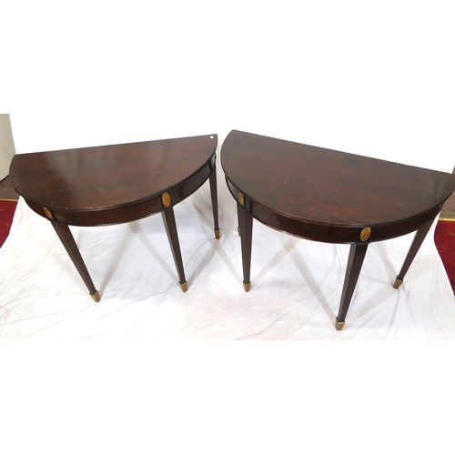 65 - Pair of Regency style demi lune side or alcove tables with reeded borders, oval plaques, on reeded t... 