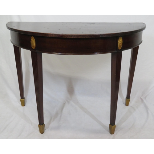 65 - Pair of Regency style demi lune side or alcove tables with reeded borders, oval plaques, on reeded t... 