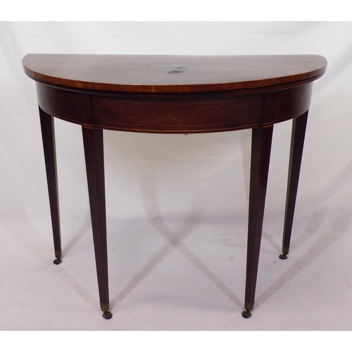 95 - Edwardian inlaid mahogany demi-lune card table with fold-over top, gateleg support, baize surface, i... 