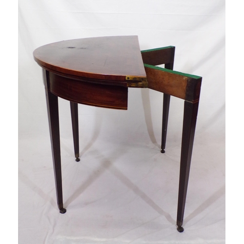 95 - Edwardian inlaid mahogany demi-lune card table with fold-over top, gateleg support, baize surface, i... 