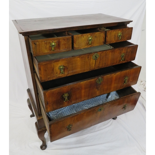 125 - Georgian crossbanded walnut chest on stand with three short & three long drawers, brass drop handles... 