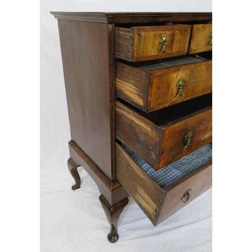 125 - Georgian crossbanded walnut chest on stand with three short & three long drawers, brass drop handles... 