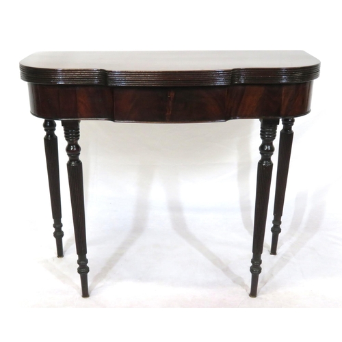 145 - Edwardian mahogany tea table with reeded serpentine borders, fold-over top, gateleg support, on turn... 