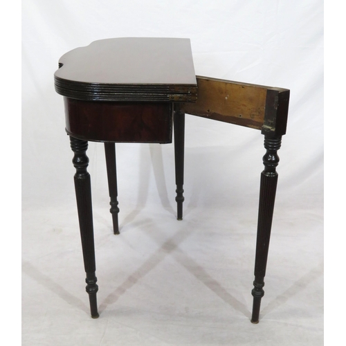 145 - Edwardian mahogany tea table with reeded serpentine borders, fold-over top, gateleg support, on turn... 