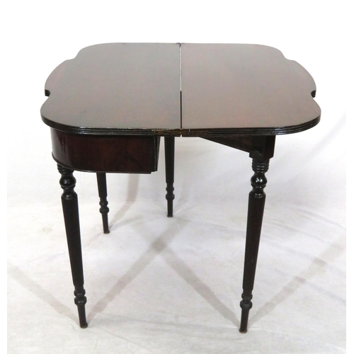 145 - Edwardian mahogany tea table with reeded serpentine borders, fold-over top, gateleg support, on turn... 