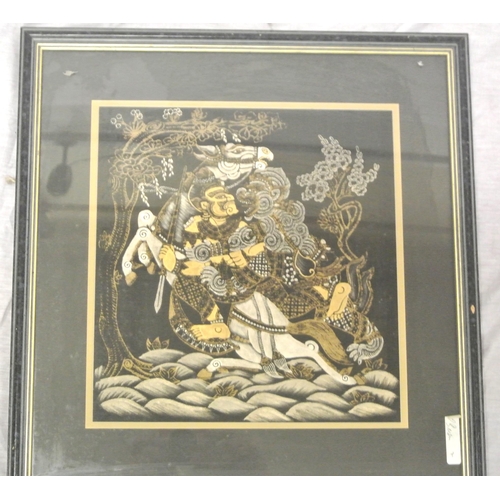 290 - Oriental school 'Warrior on horseback' silkwork 28x28cm