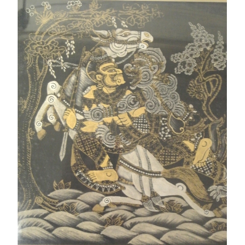 290 - Oriental school 'Warrior on horseback' silkwork 28x28cm