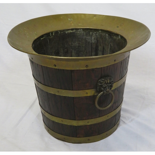 102 - Georgian style round bucket with brass rim and banding, lionmask brass drop handles