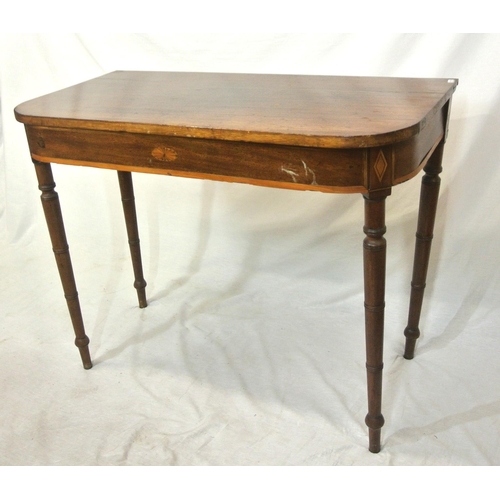 106 - Edwardian inlaid mahogany hall or side table with rounded corners, inlaid frieze, on turned tapering... 