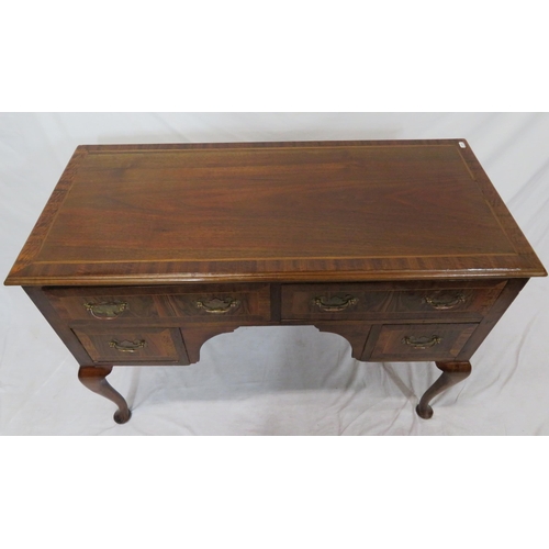 110 - Edwardian inlaid & crossbanded mahogany lowboy with two long & two short drawers, brass drop handles... 