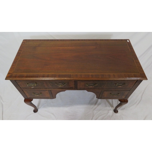 110 - Edwardian inlaid & crossbanded mahogany lowboy with two long & two short drawers, brass drop handles... 